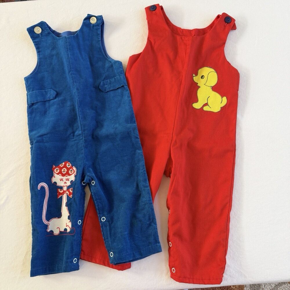 Lot 2 Vintage Sears Perma-Prest Toddler Boys 24M -3T Shortall Romper 70s Dog